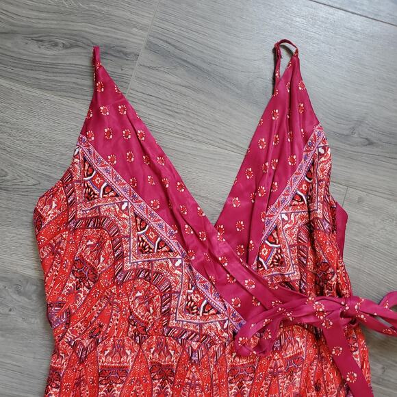 Free People Jumpsuit Womens 4 Pink Red Boho Wide Leg Sleeveless Wrap Tie Rayon - Picture 3 of 12